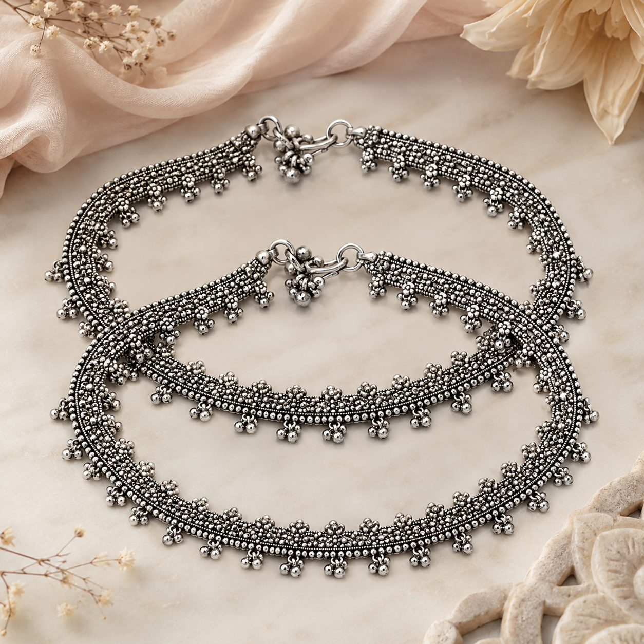 Oxidized Silver Anklet Set